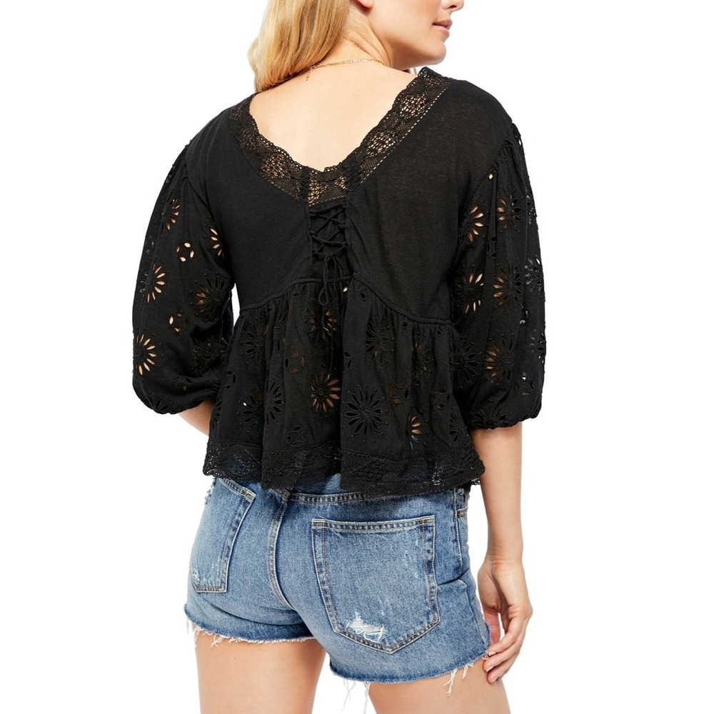 Free People Black Eyelet Lace Up Peplum‎ Top Womens Size L